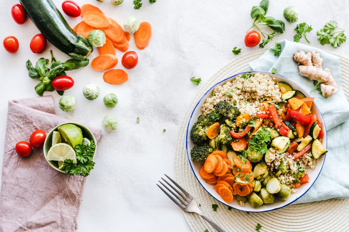 Bowl of grains and roasted vegetables